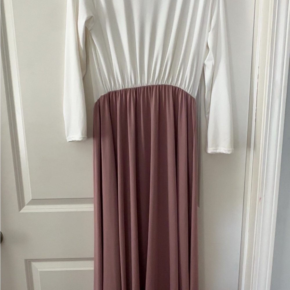 White and Pink Pleated Long Sleeve Gown for Wedding Guest